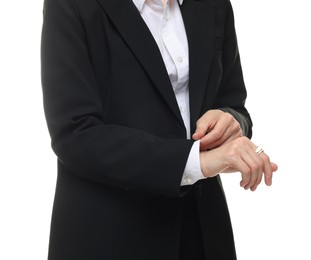 Photo of Woman in suit on white background, closeup