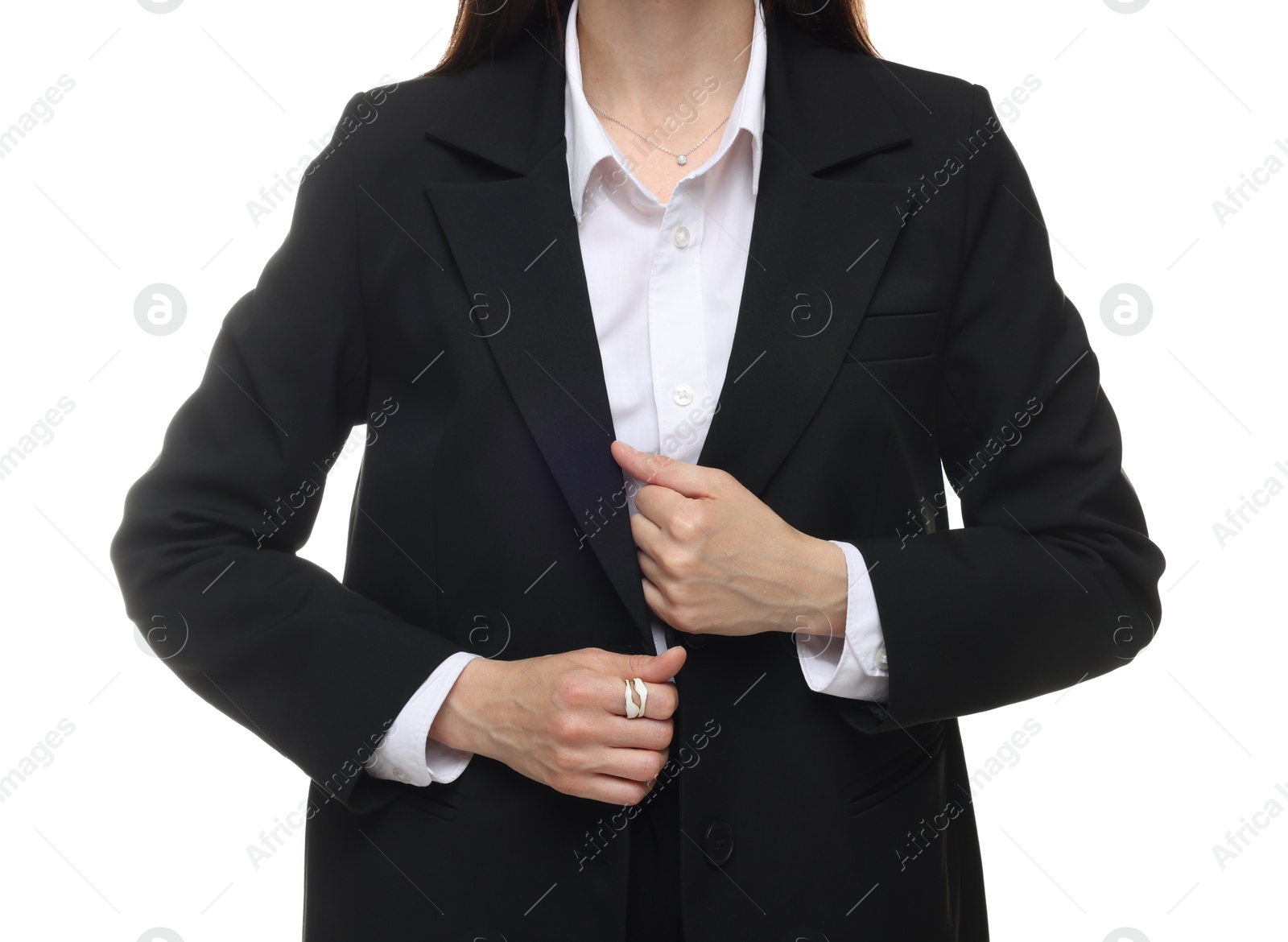 Woman in suit on white background, closeup Photo of Woman in suit on white background, closeup