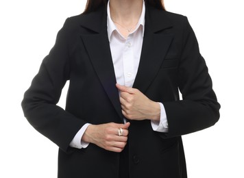 Photo of Woman in suit on white background, closeup