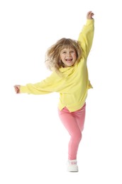 Photo of Happy little girl dancing on white background