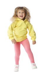 Photo of Happy little girl dancing on white background