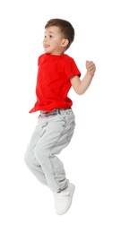 Photo of Happy little boy dancing on white background
