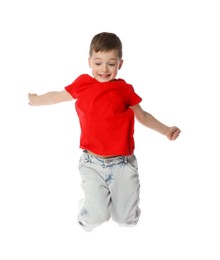 Photo of Happy little boy dancing on white background