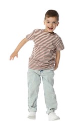 Photo of Happy little boy dancing on white background