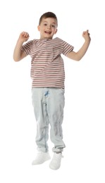 Photo of Happy little boy dancing on white background