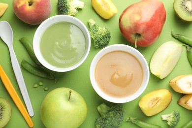 Photo of Baby food. Tasty puree in bowls and ingredients on green background, flat lay