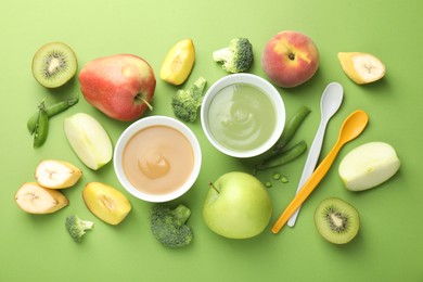Photo of Baby food. Tasty puree in bowls and ingredients on green background, flat lay