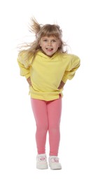 Photo of Happy little girl dancing on white background