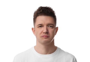 Photo of Portrait of stressed man on white background