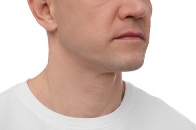 Photo of Clean shaven man on white background, closeup