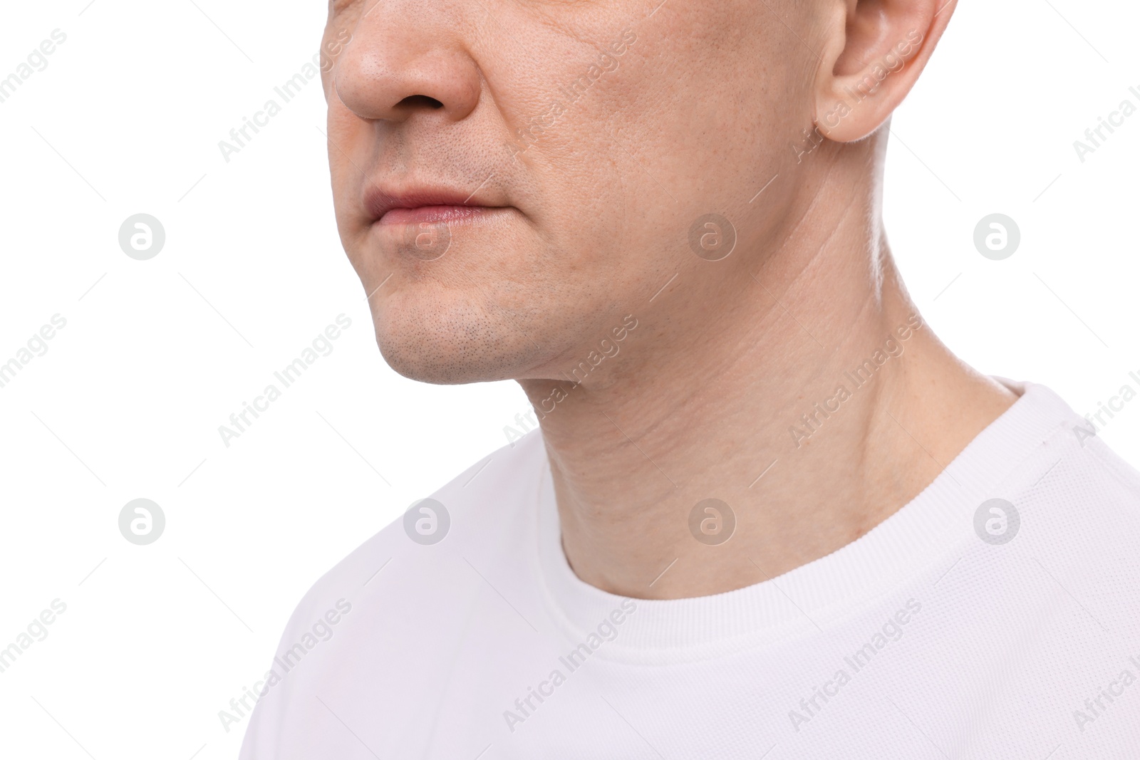 Clean shaven man on white background, closeup Photo of Clean shaven man on white background, closeup