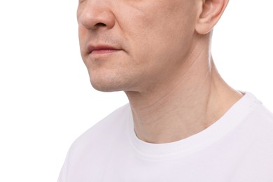 Photo of Clean shaven man on white background, closeup