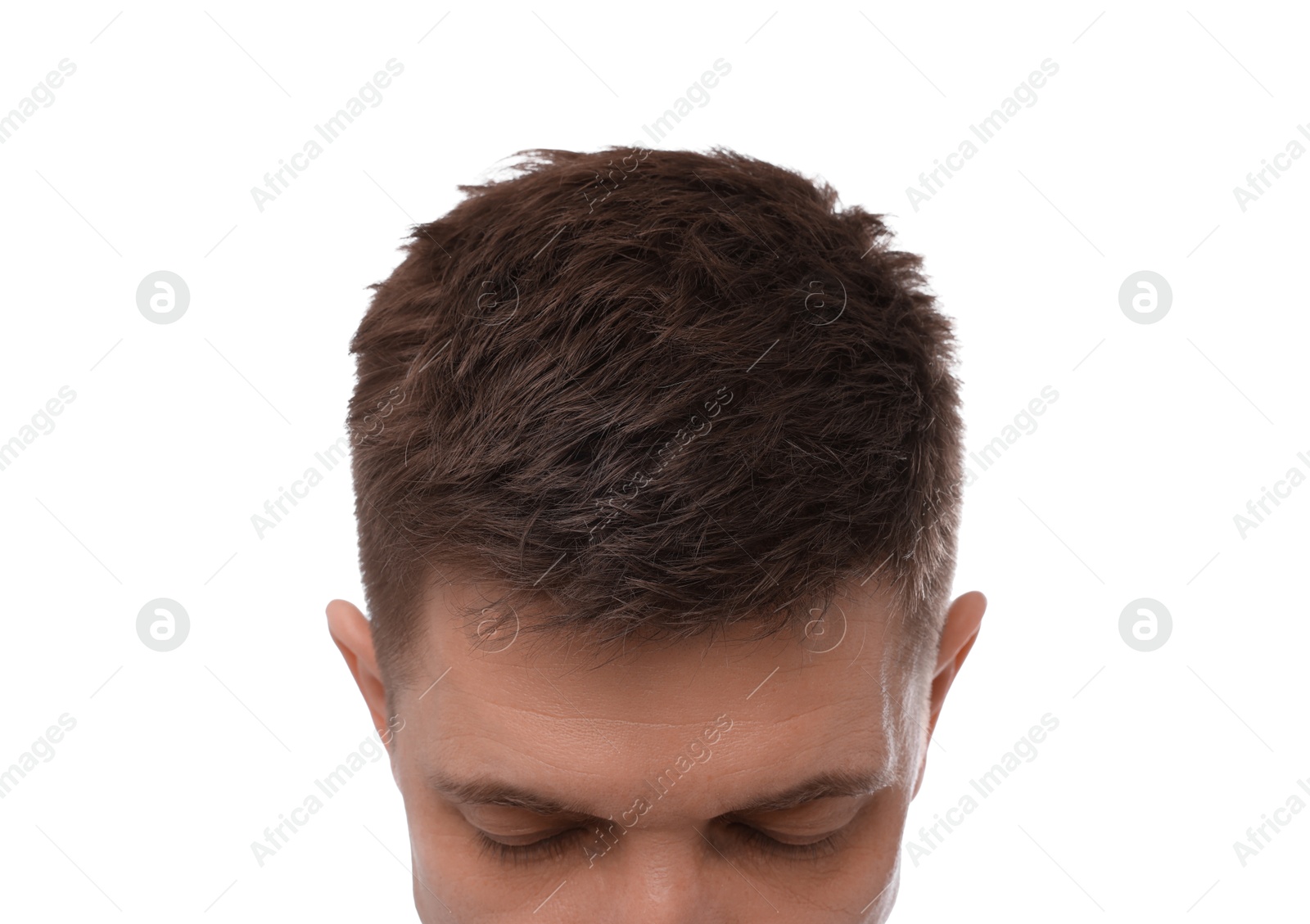 Photo of Man with brown hair on white background, closeup