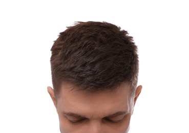 Photo of Man with brown hair on white background, closeup