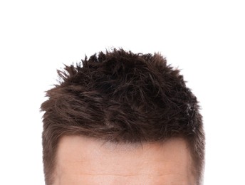 Photo of Man with brown hair on white background, closeup