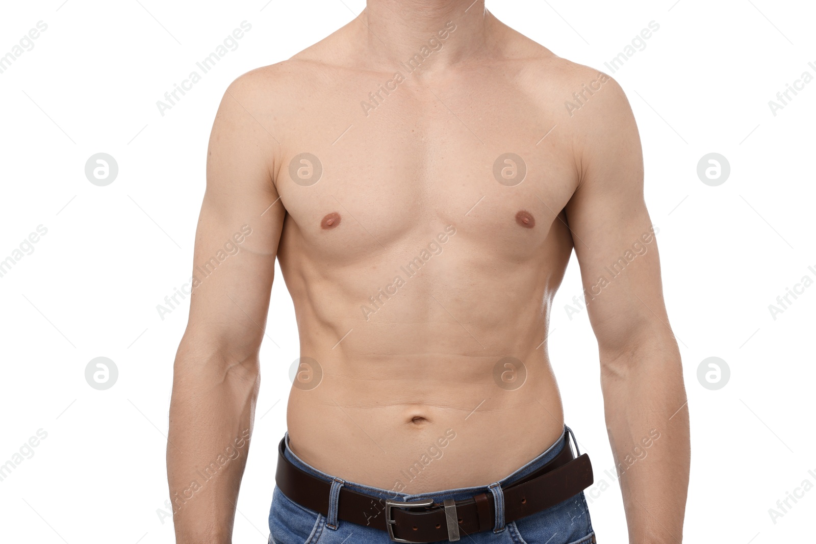Confident shirtless man posing on white background, closeup Photo of Confident shirtless man posing on white background, closeup