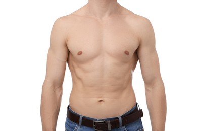 Photo of Confident shirtless man posing on white background, closeup