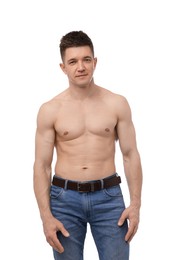 Photo of Confident shirtless man posing on white background
