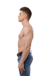 Photo of Confident shirtless man posing on white background