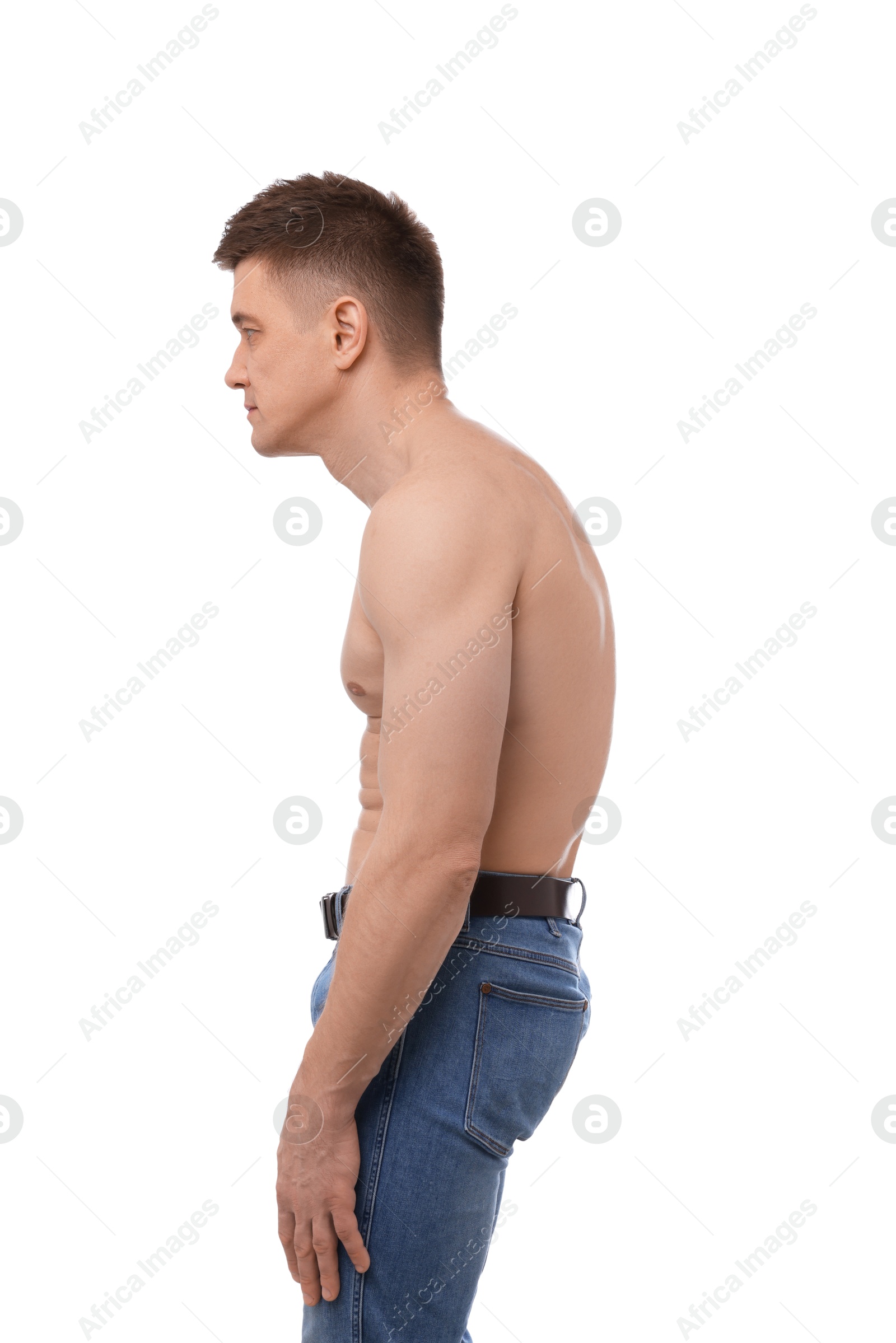 Photo of Man with bad posture on white background
