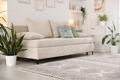 Photo of Comfortable sofa and stylish rug in room. Interior design