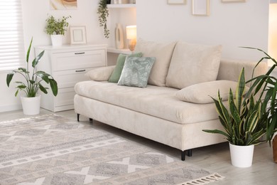 Photo of Comfortable sofa and stylish rug in room. Interior design
