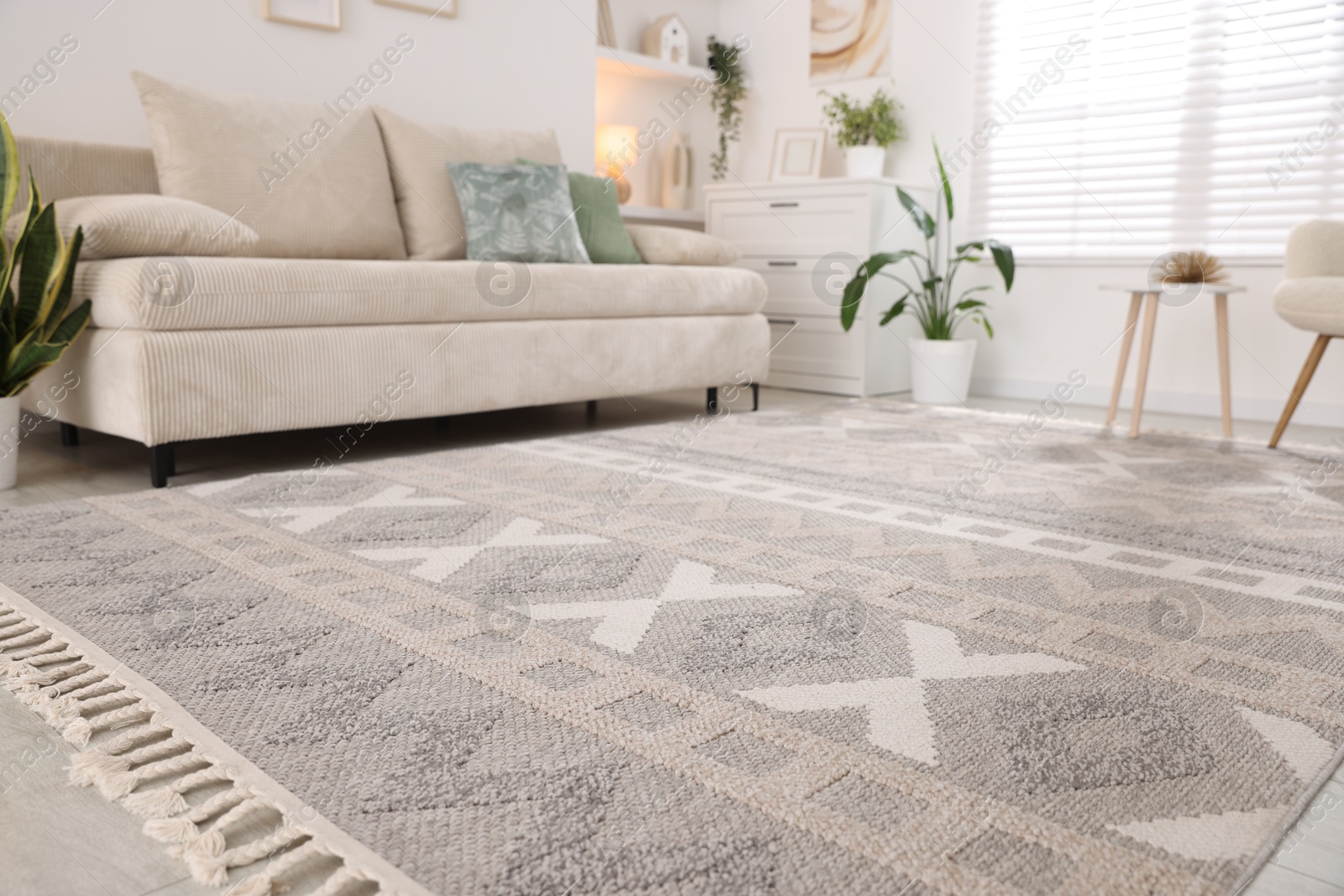 Comfortable sofa and stylish rug in room. Interior design Photo of Comfortable sofa and stylish rug in room. Interior design