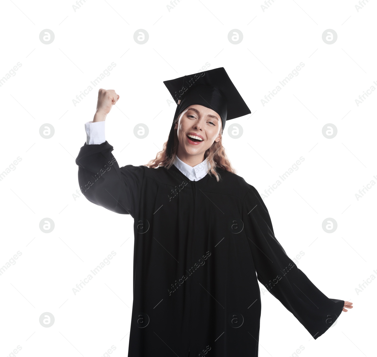 Happy student after graduation on white background Photo of Happy student after graduation on white background