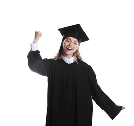 Photo of Happy student after graduation on white background