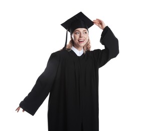 Photo of Happy student after graduation on white background