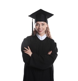 Photo of Happy student after graduation on white background