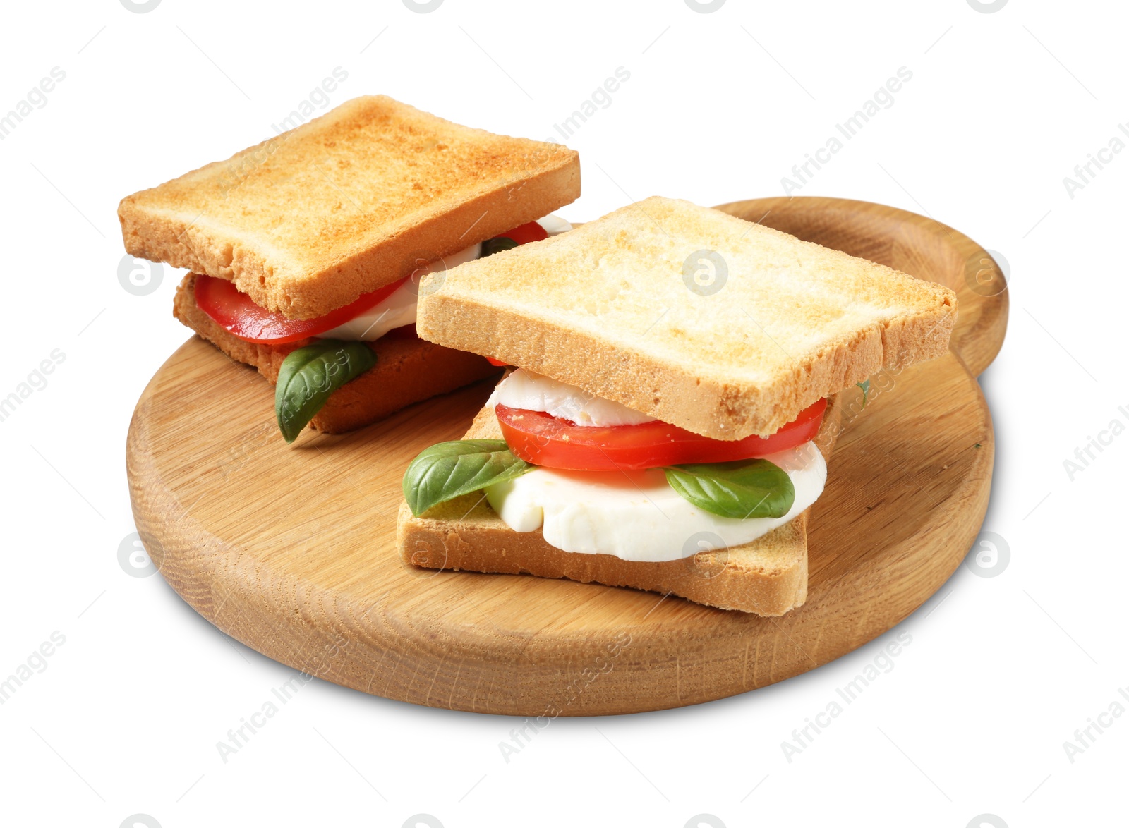 Photo of Tasty sandwiches with mozzarella cheese, tomatoes and basil on white background