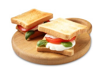 Photo of Tasty sandwiches with mozzarella cheese, tomatoes and basil on white background