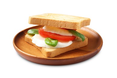 Photo of Tasty sandwich with mozzarella cheese, tomato and basil on white background