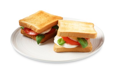 Photo of Tasty sandwiches with mozzarella cheese, tomatoes and basil on white background