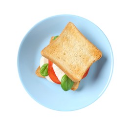 Photo of Tasty sandwich with mozzarella cheese, tomato and basil on white background, top view