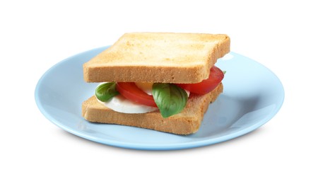 Photo of Tasty sandwich with mozzarella cheese, tomato and basil on white background