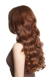 Photo of Teenage girl with healthy wavy hair on white background