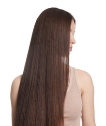 Photo of Teenage girl with healthy long hair on white background