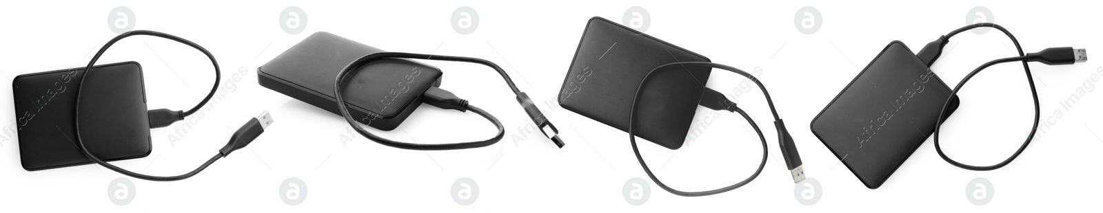 External hard drives with USB cables isolated on white, collage Image of External hard drives with USB cables isolated on white, collage