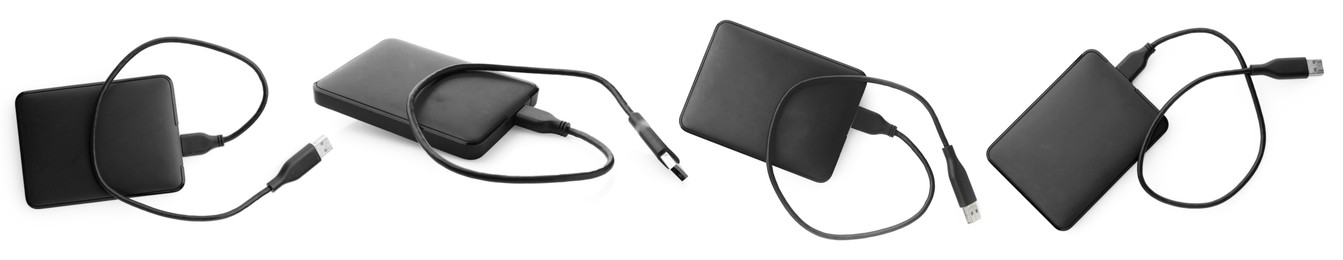 Image of External hard drives with USB cables isolated on white, collage