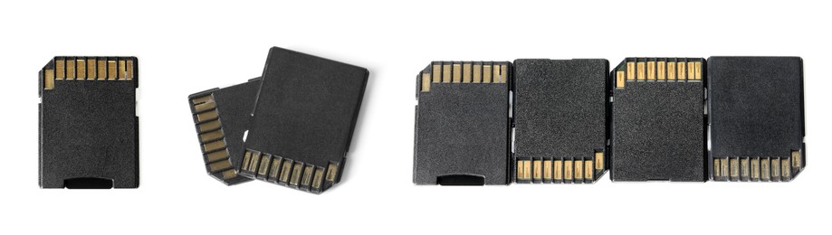 Image of SD memory cards isolated on white, collage. Top view