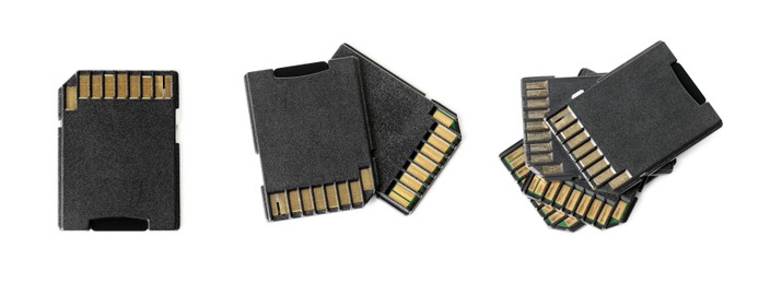 Image of SD memory cards isolated on white, collage. Top view