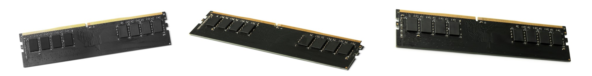 Image of Black RAM modules isolated on white, collage. Top and side view
