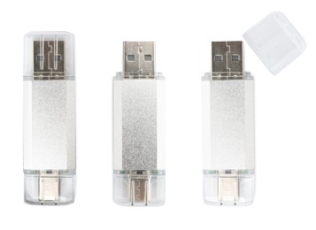 Image of Flash drive isolated on white, collage. Top view