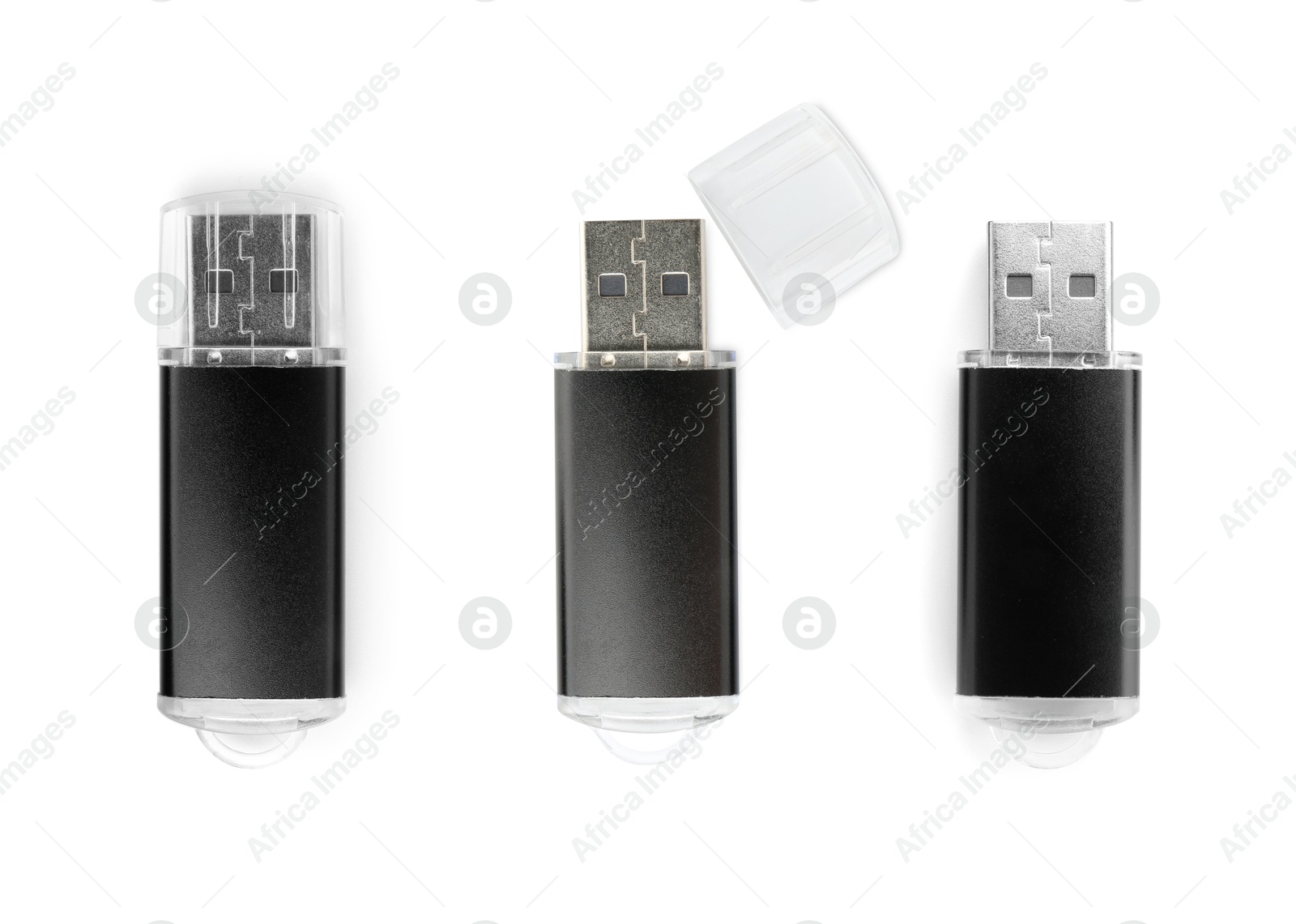 Flash drive isolated on white, collage. Top view Image of Flash drive isolated on white, collage. Top view