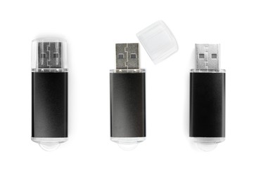 Image of Flash drive isolated on white, collage. Top view