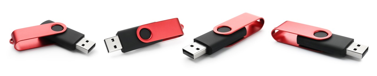 Image of Flash drive isolated on white, collage. View from different sides
