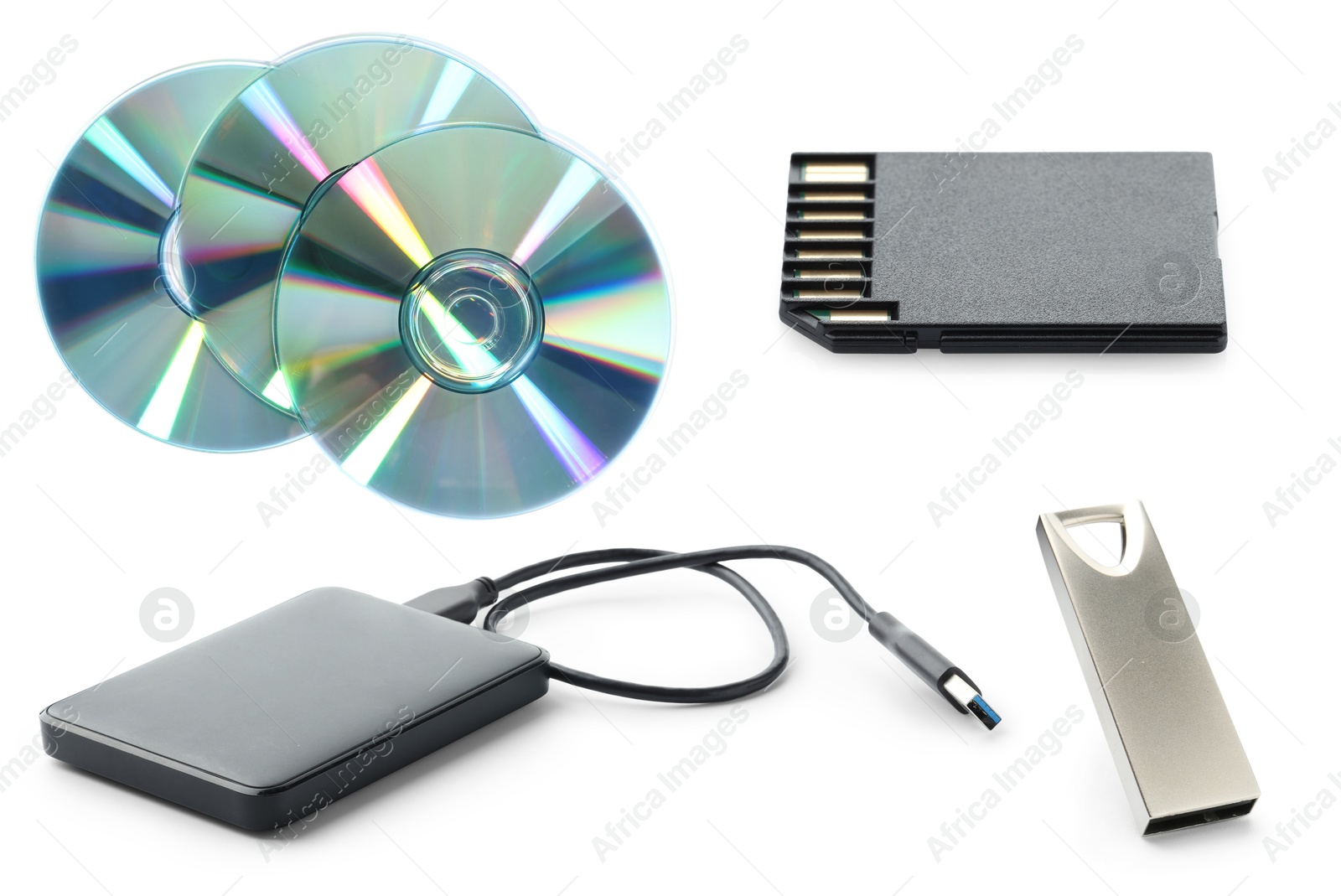 Different modern memory drives isolated on white, collage Image of Different modern memory drives isolated on white, collage