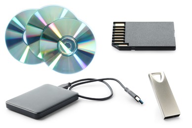 Image of Different modern memory drives isolated on white, collage